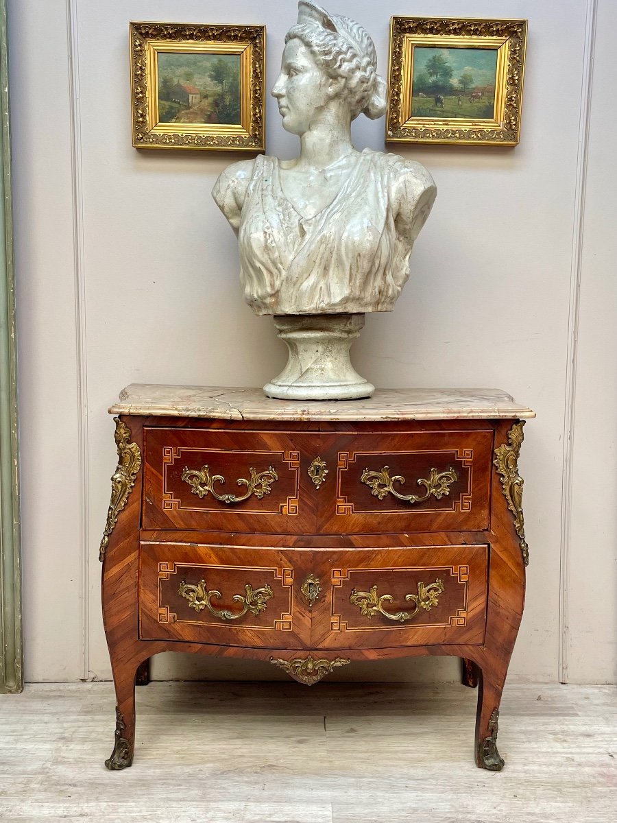 Curved Commode In Marquetry Louis XV Period 