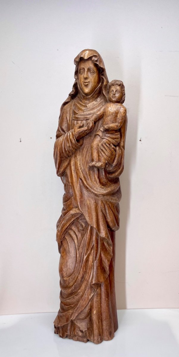 Imposing Virgin And Child In Carved Wood 19th -photo-3