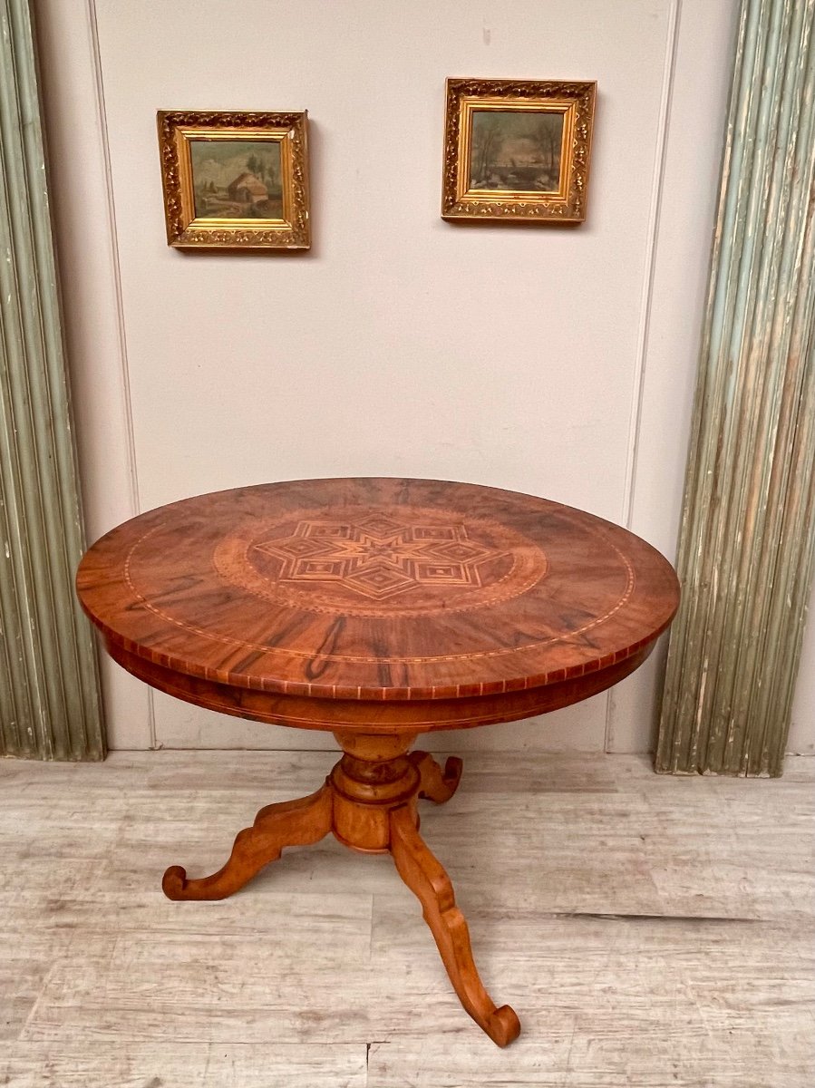 Charles X Style Pedestal Table In Marquetry From The 19th Century -photo-3