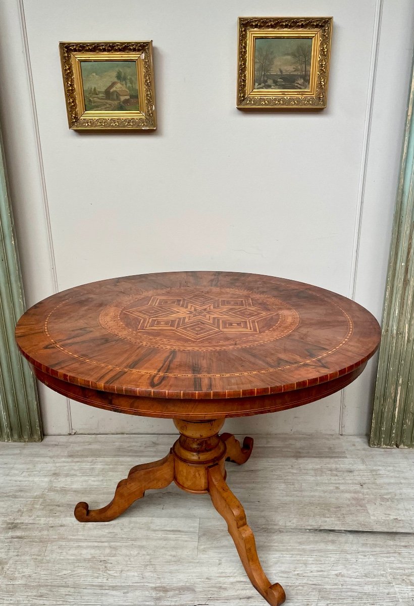 Charles X Style Pedestal Table In Marquetry From The 19th Century -photo-4