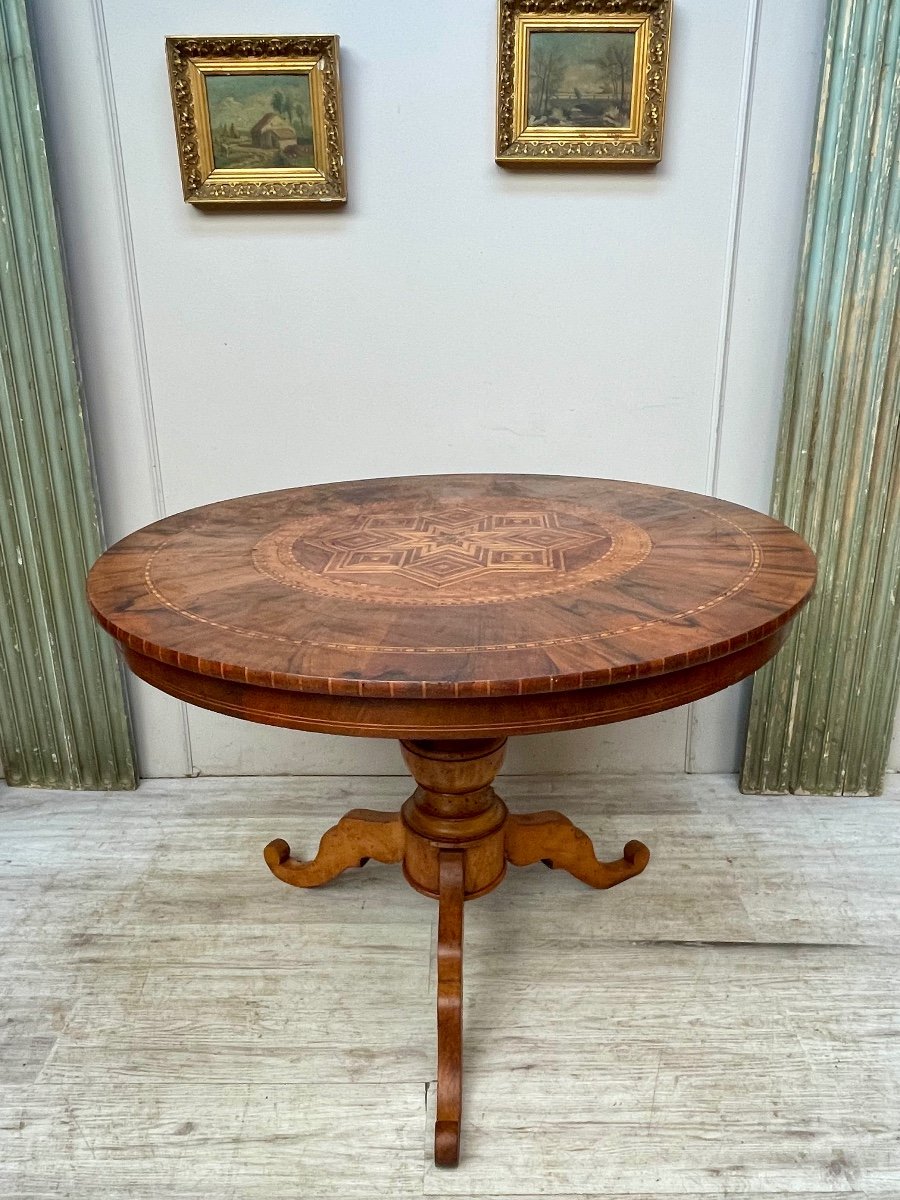 Charles X Style Pedestal Table In Marquetry From The 19th Century -photo-3