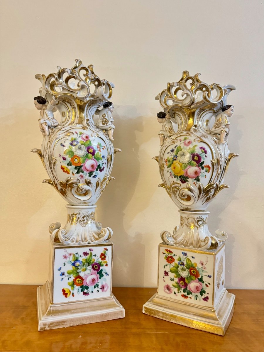 Large Pair Of Old Paris Porcelain Vases Signed Jacob Petit 19th Century 