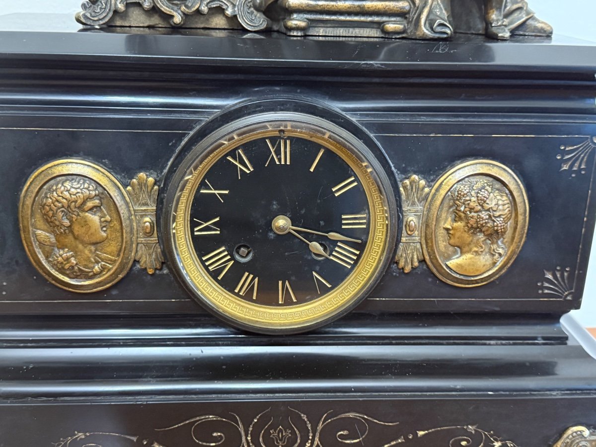 Pendule De Cheminée En Bronze Et Marbre Noir Signée  Duret  époque 19 ème -photo-2