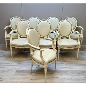 Rare Suite Of Eight Louis XVI Armchairs With White Lacquered Medallions 
