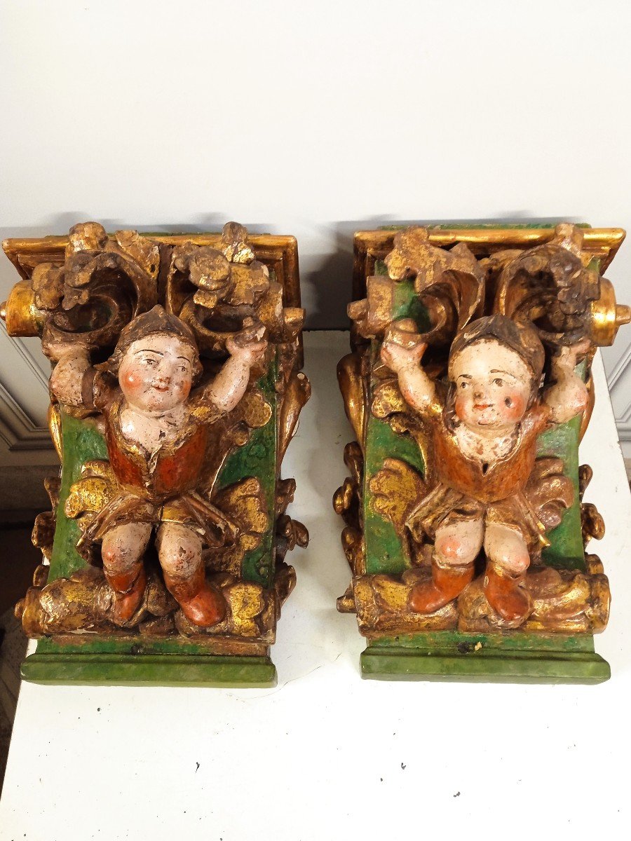 Chapiteaux De Pilastre En Bois Polychrome Et Doré  époque Baroque