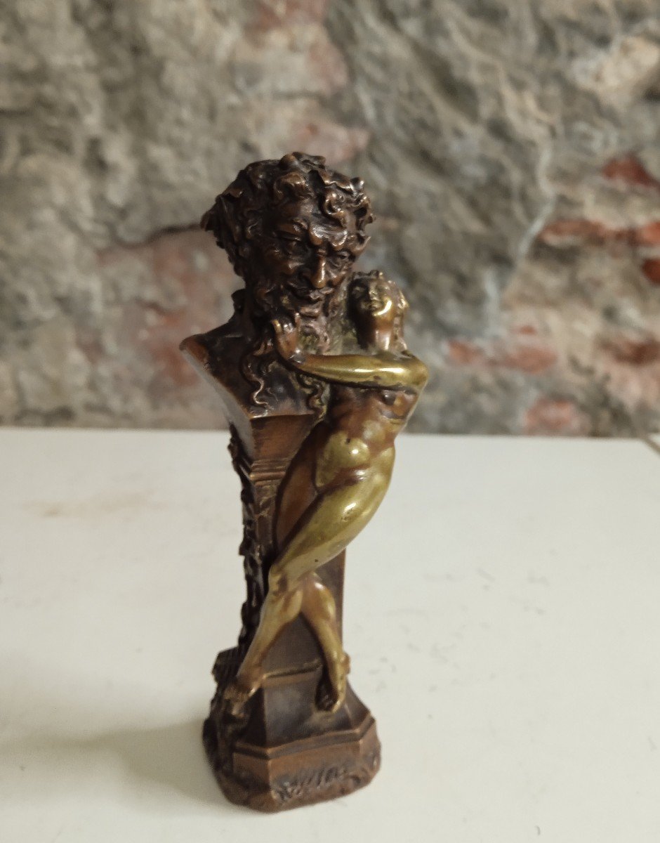 Statuette En Bronze  " Cachet " Femme Et Pan