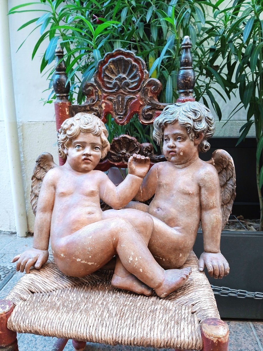 2putti Italie XVIII En  Bois Polychrome