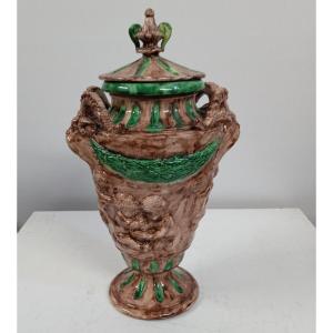 Covered Vase In Earthenware Barbotine D After Clodion XIX