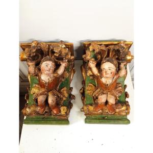 Chapiteaux De Pilastre En Bois Polychrome Et Doré  époque Baroque