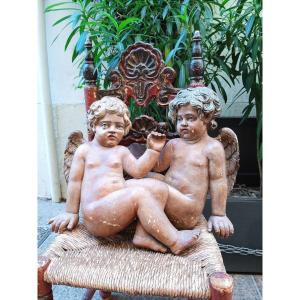 2putti Italie XVIII En  Bois Polychrome