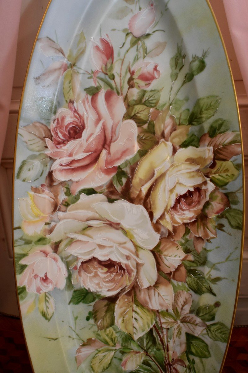 Large Decorative Limoges Porcelain Dish, Bouquet Of Roses Decor, Oval Dish, XXth-photo-1