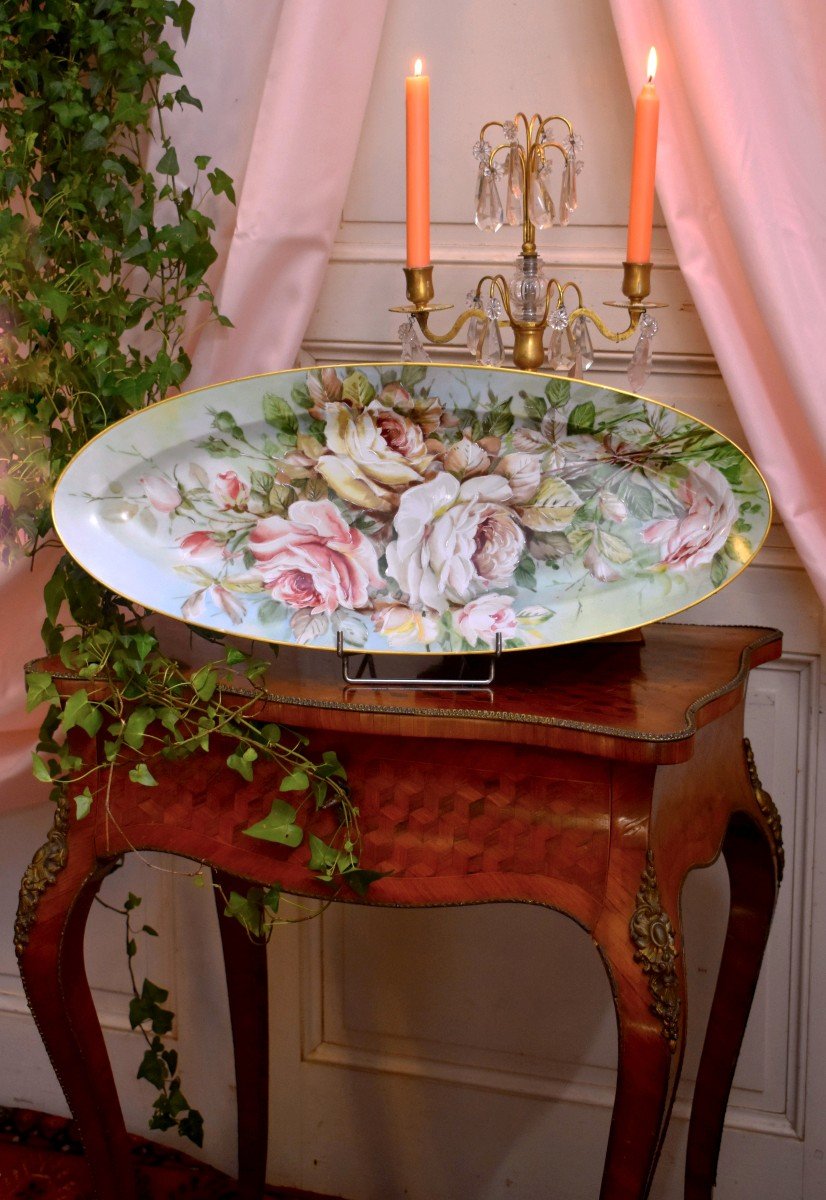 Large Decorative Limoges Porcelain Dish, Bouquet Of Roses Decor, Oval Dish, XXth