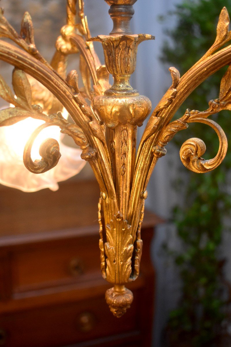 Chandelier In Gilt Bronze Lighting With Four Lights, Decor Of Laurel And Cords, Epoque XIX-photo-4