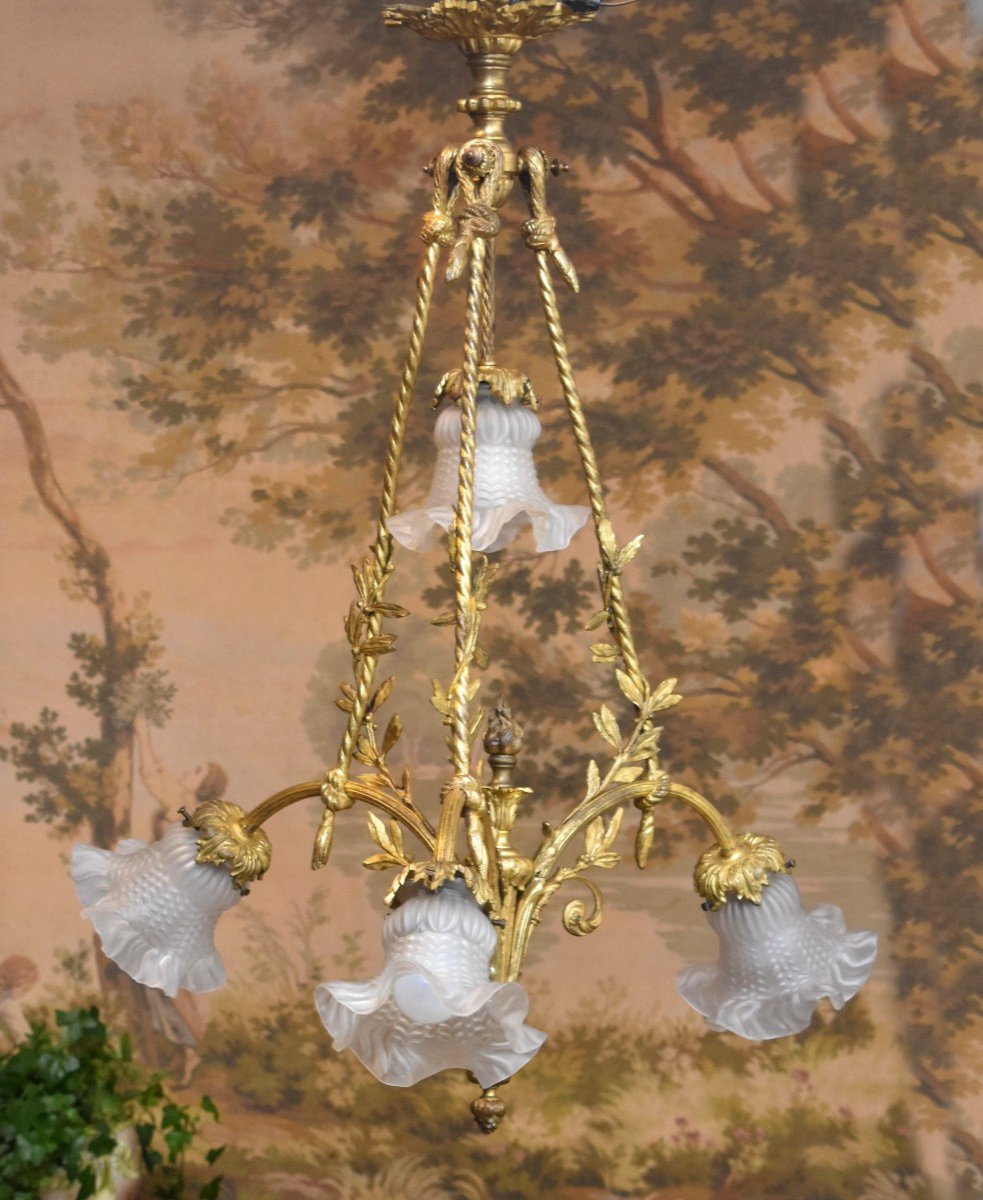 Chandelier In Gilt Bronze Lighting With Four Lights, Decor Of Laurel And Cords, Epoque XIX