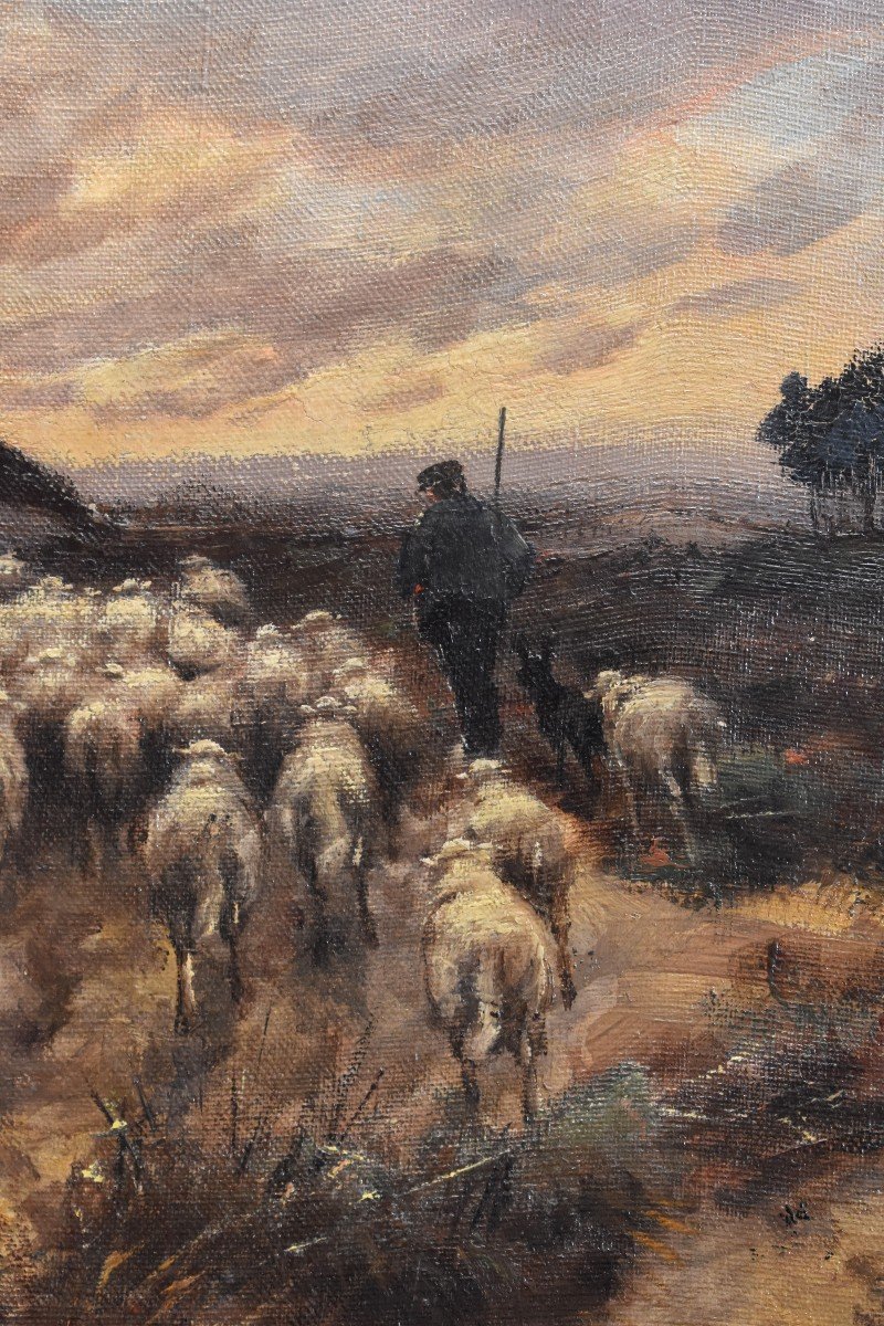 "Retour à la Bergerie", Huile sur Toile, Scène Pastorale, Berger et  Troupeau de Brebis, Ecole Française fin XIX eme-photo-5