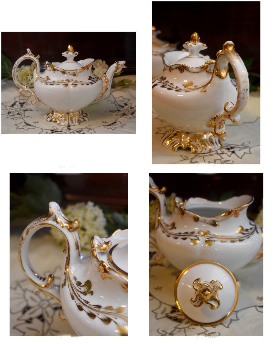 Coffee Service In Porcelain Louis XV Style, Epoque XIX, White And Gold Porcelain-photo-5