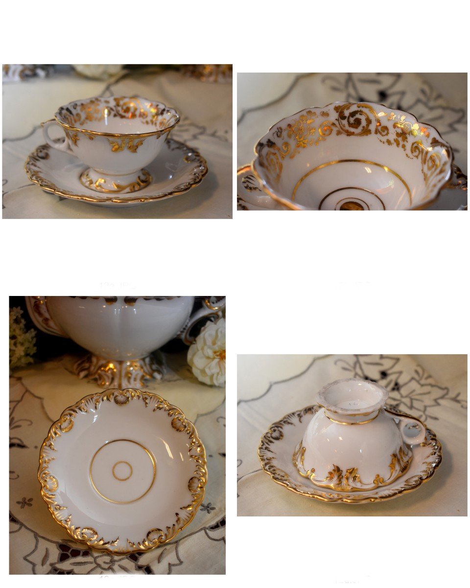 Service à Café En Porcelaine De Style Louis XV, Epoque XIX ème, Porcelaine Blanche Et Or-photo-8