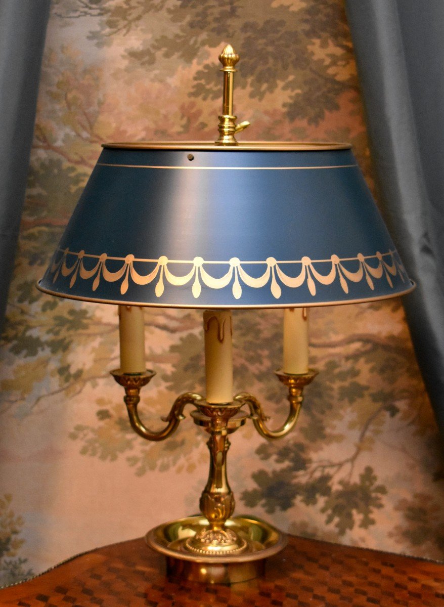 Bouillotte Lamp In Gilt Bronze Lighting With Three Arms Of Light, Green Lampshade-photo-3