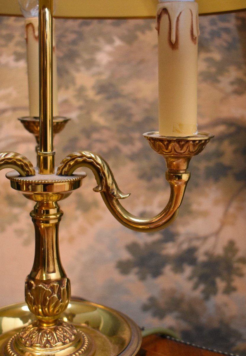 Bouillotte Lamp In Gilt Bronze Lighting With Three Arms Of Light, Green Lampshade-photo-5