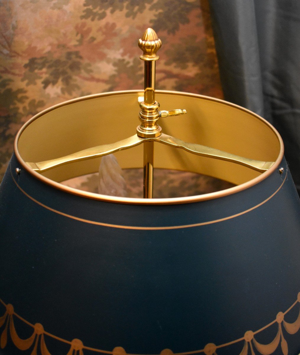 Bouillotte Lamp In Gilt Bronze Lighting With Three Arms Of Light, Green Lampshade-photo-6