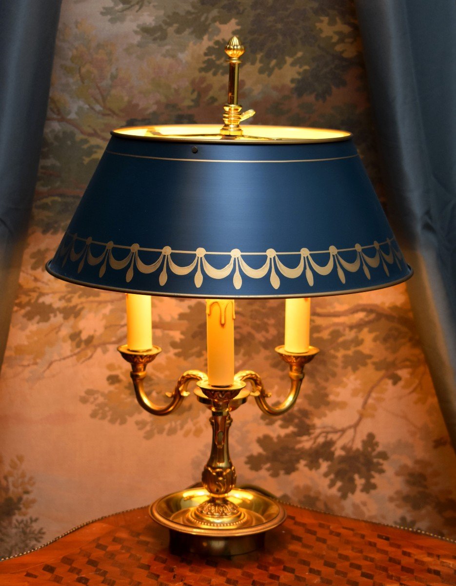 Bouillotte Lamp In Gilt Bronze Lighting With Three Arms Of Light, Green Lampshade-photo-8