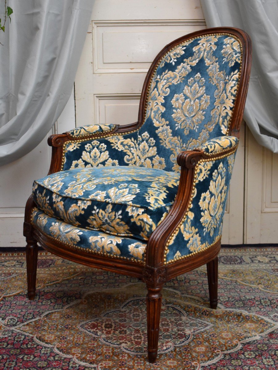 Bergère d' époque Louis XVI,   Tissu Velours De Gênes,  époque XVIII Eme, -photo-4