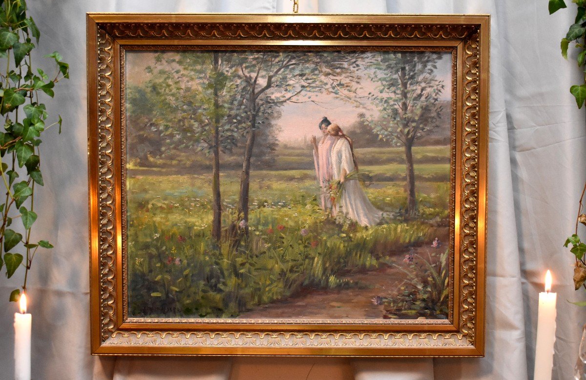 Tableau Romantique, Promenade de Printemps, Huile   sur Toile Encadr&eacute;e, Vers 1900-photo-4