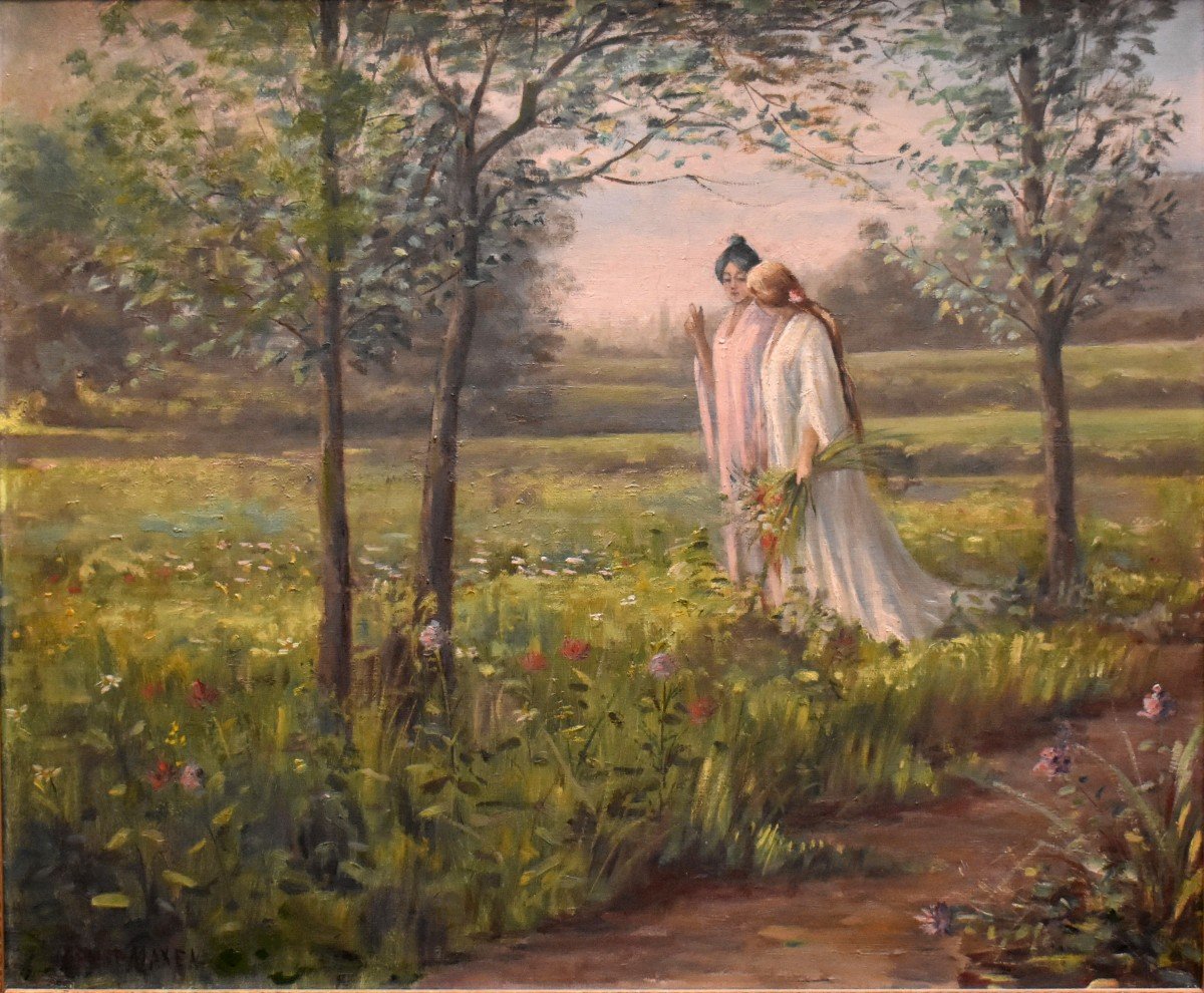 Tableau Romantique, Promenade de Printemps, Huile   sur Toile Encadr&eacute;e, Vers 1900-photo-1