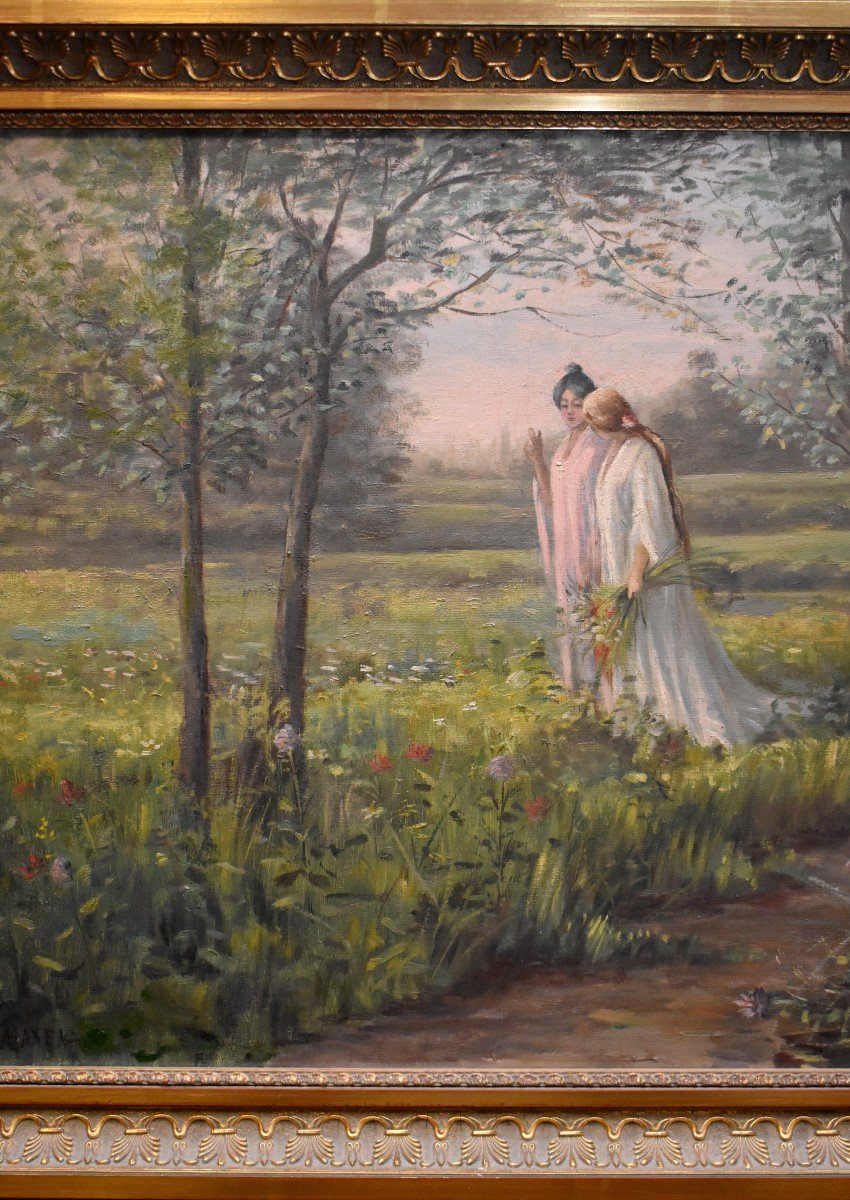 Tableau Romantique, Promenade de Printemps, Huile   sur Toile Encadr&eacute;e, Vers 1900-photo-2