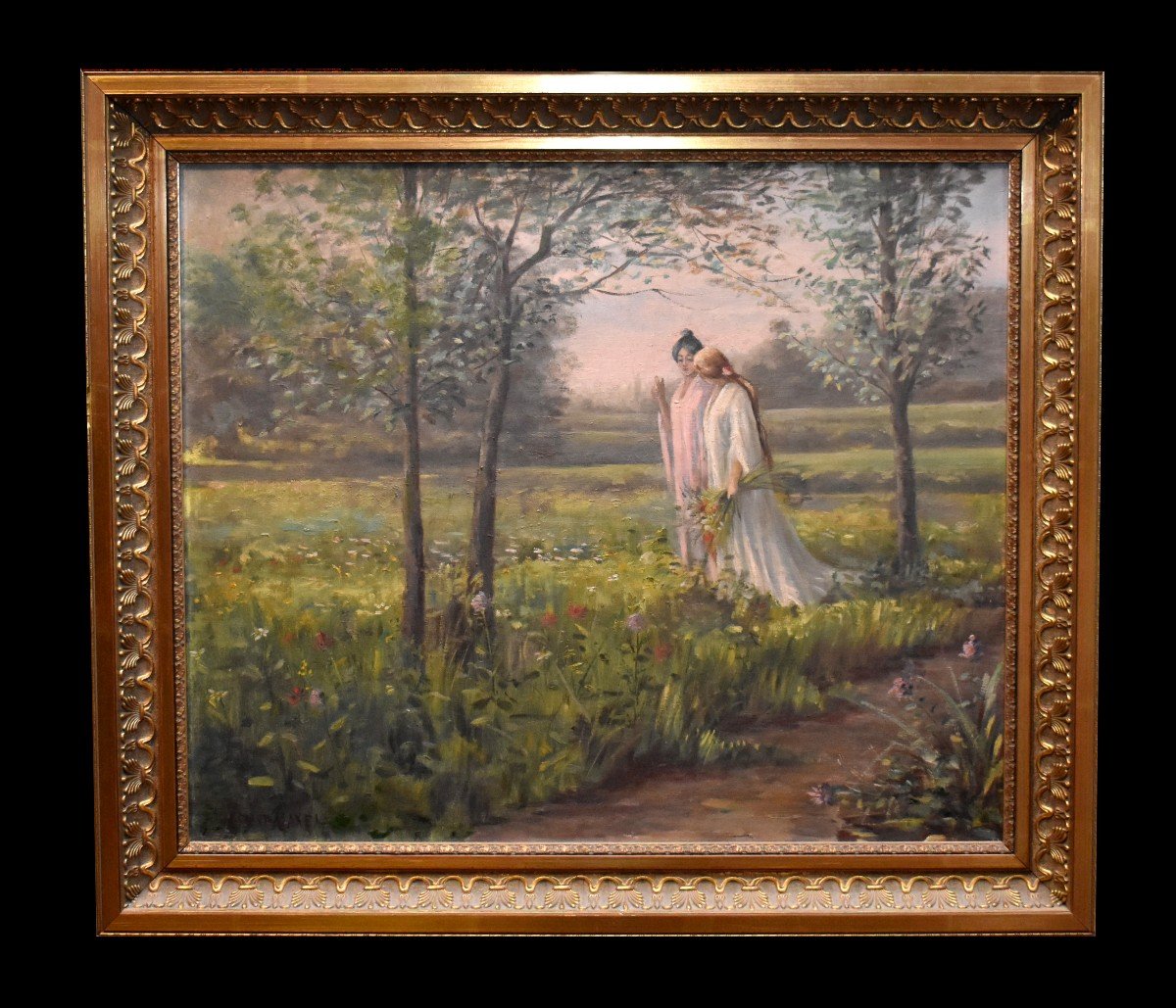 Tableau Romantique, Promenade de Printemps, Huile   sur Toile Encadr&eacute;e, Vers 1900