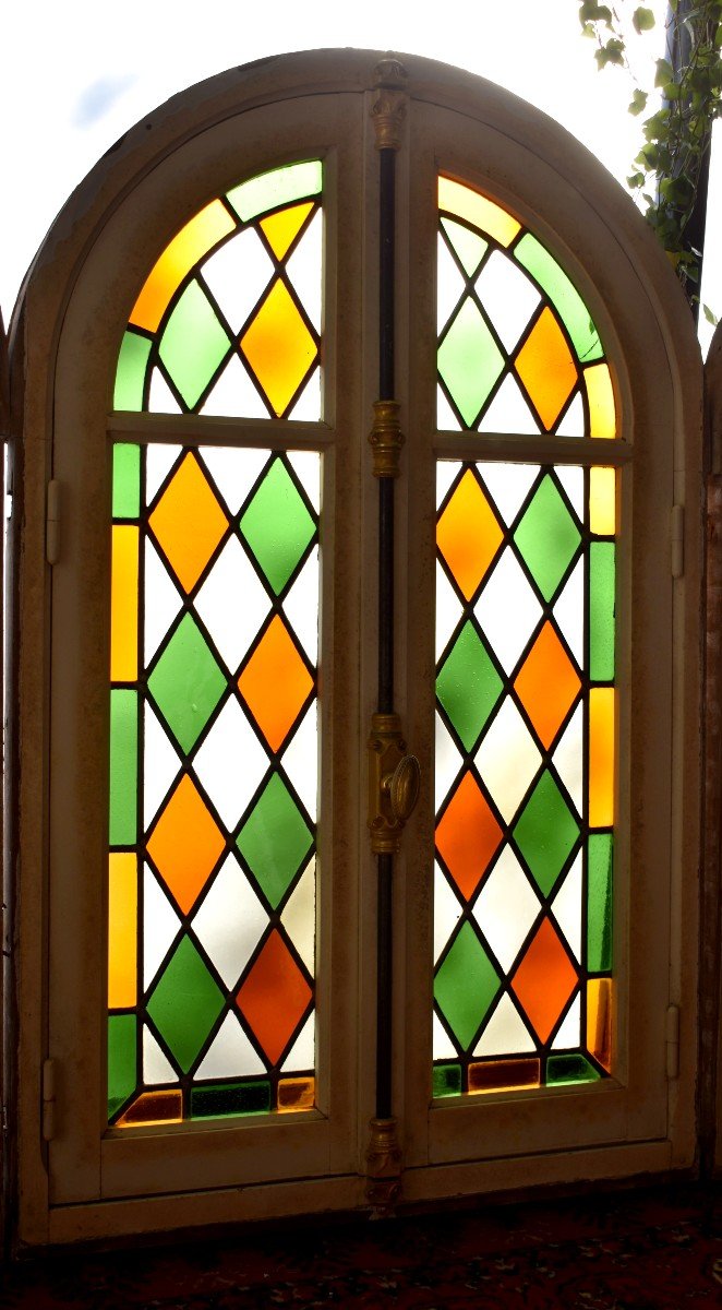 Suite Of 3 Arched Windows In Stained Glass, With Their Frames And Cremones, Stained Glass-photo-1