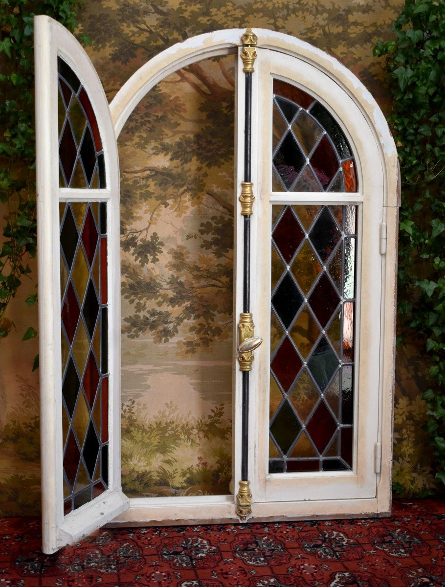 Suite Of 3 Arched Windows In Stained Glass, With Their Frames And Cremones, Stained Glass-photo-2