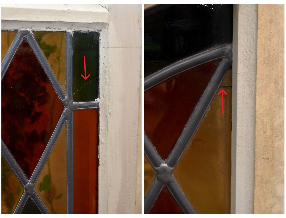 Suite Of 3 Arched Windows In Stained Glass, With Their Frames And Cremones, Stained Glass-photo-8