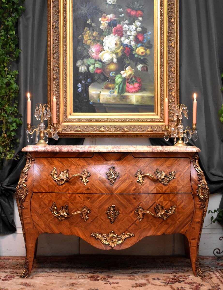 Curved And Inlaid Louis XV Style Commode, Tomb Commode, Work From The Parisian Faubourgs-photo-3