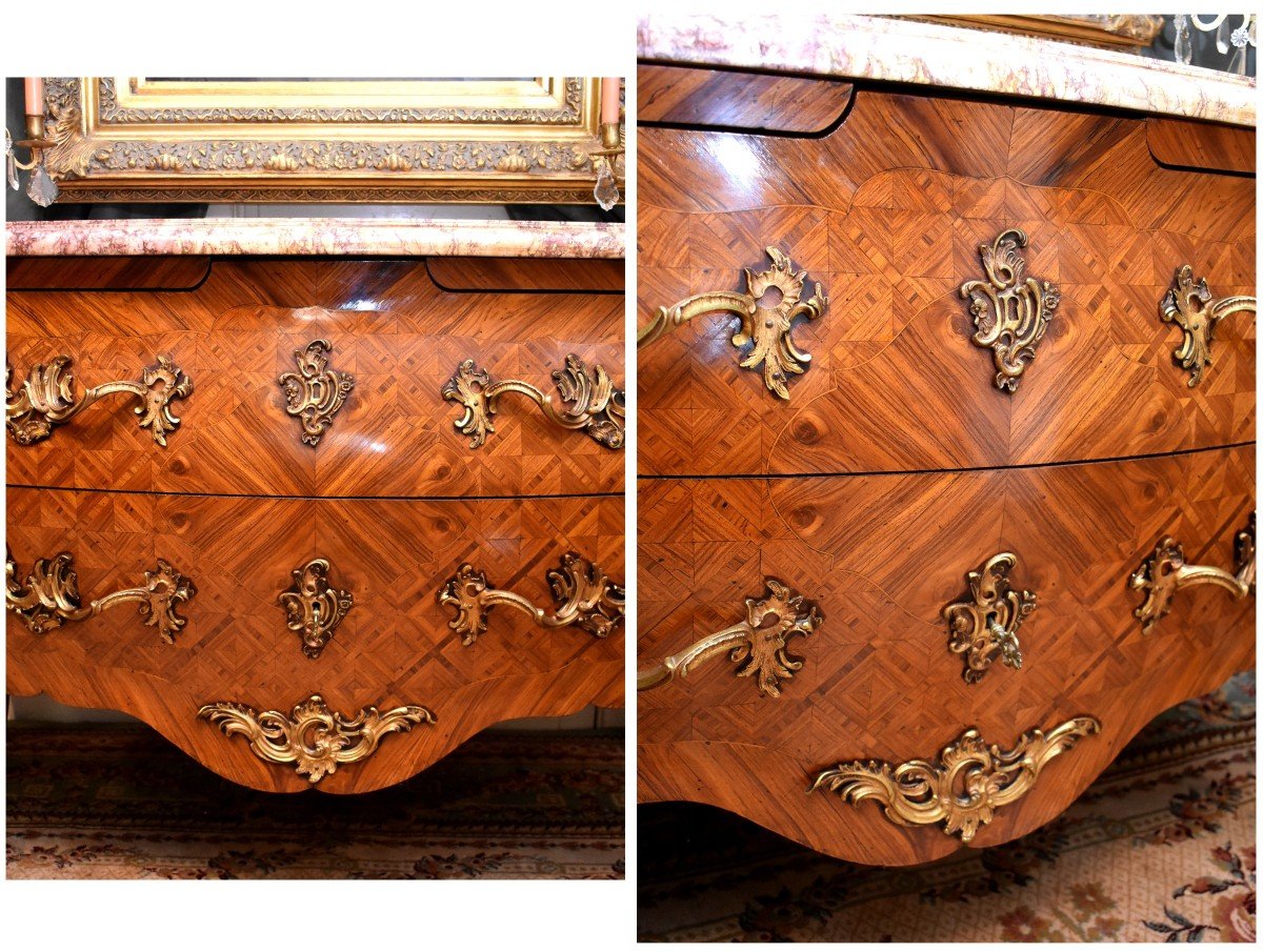 Curved And Inlaid Louis XV Style Commode, Tomb Commode, Work From The Parisian Faubourgs-photo-5