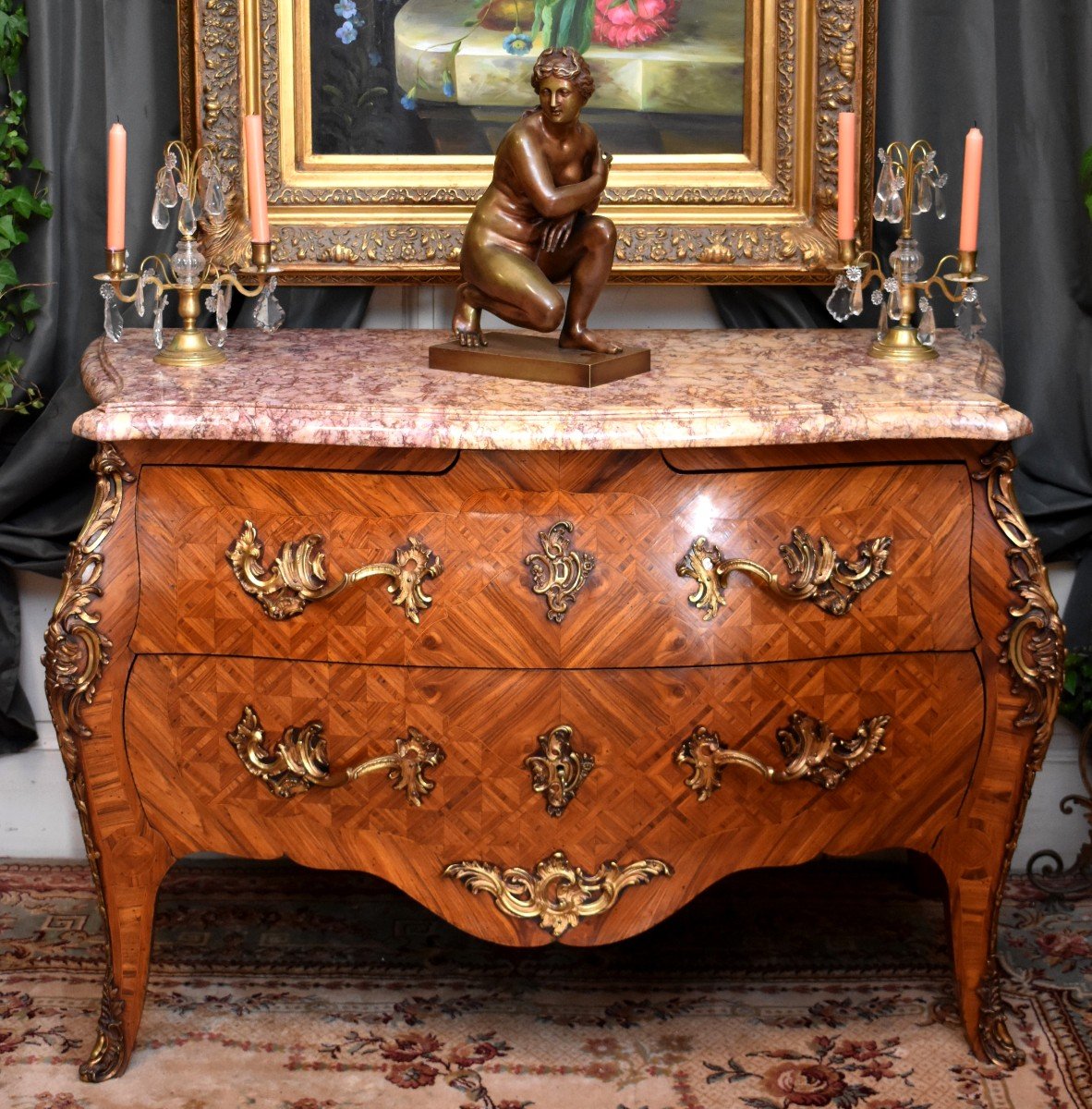 Curved And Inlaid Louis XV Style Commode, Tomb Commode, Work From The Parisian Faubourgs-photo-8