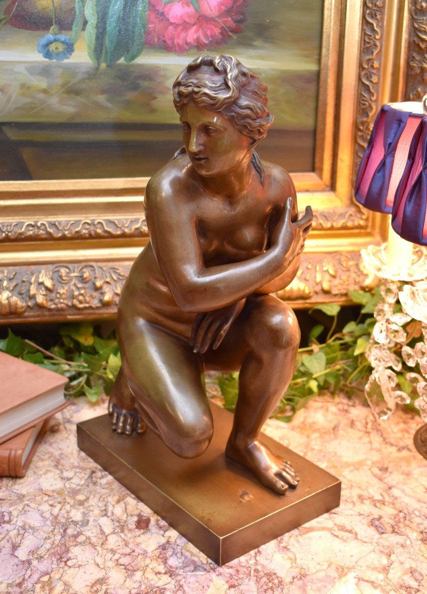 Bronze Statue After Antoine Coysevox (1640-1720), Crouching Venus, Early 20th Century-photo-3