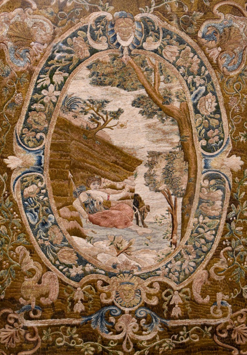 Très Grande Broderie Sur Soie d'Epoque Début XVIII Eme, Rare Thème Orientaliste, Peinture à L'aiguille