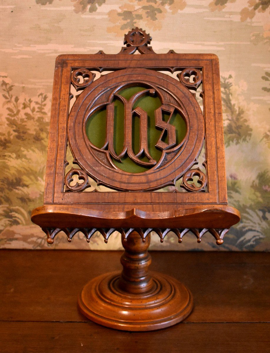 Gothic Style Reading Desk In Carved Wood, Ihs Christogram, XIX Eme Period-photo-4