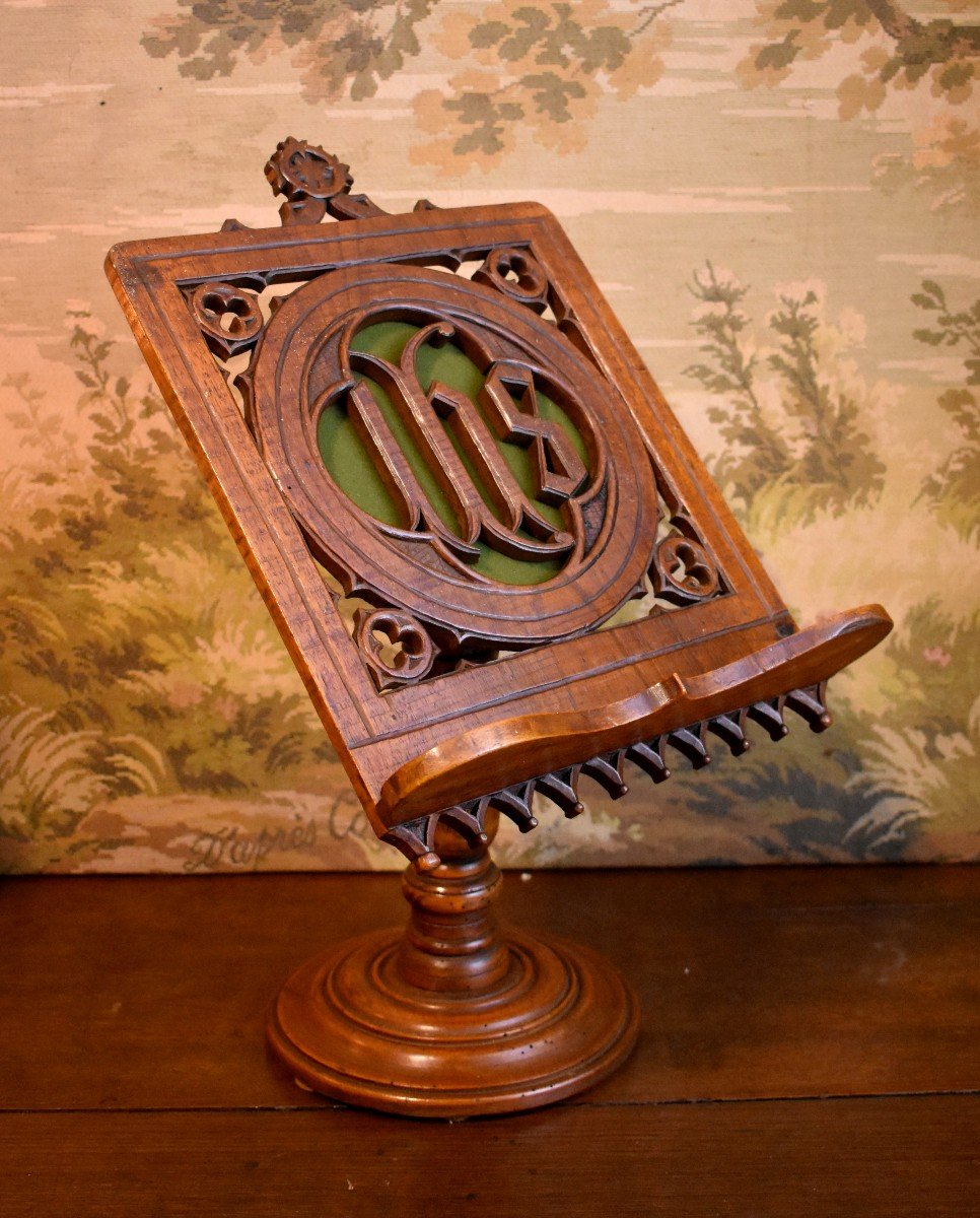 Gothic Style Reading Desk In Carved Wood, Ihs Christogram, XIX Eme Period-photo-2