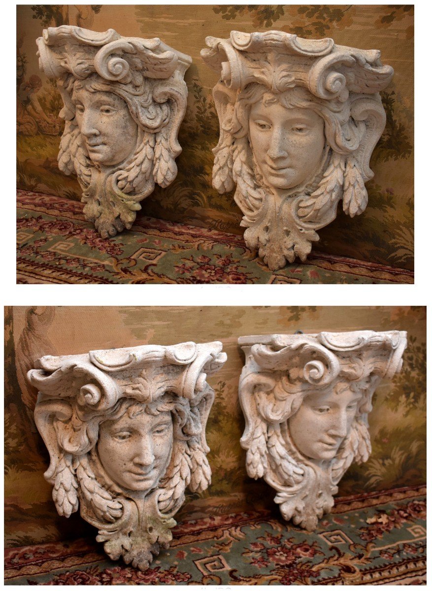 Pair Of Sconces Forming Planters In Reconstituted Stone, Decor With Mascarons, Garden Decoratio-photo-4