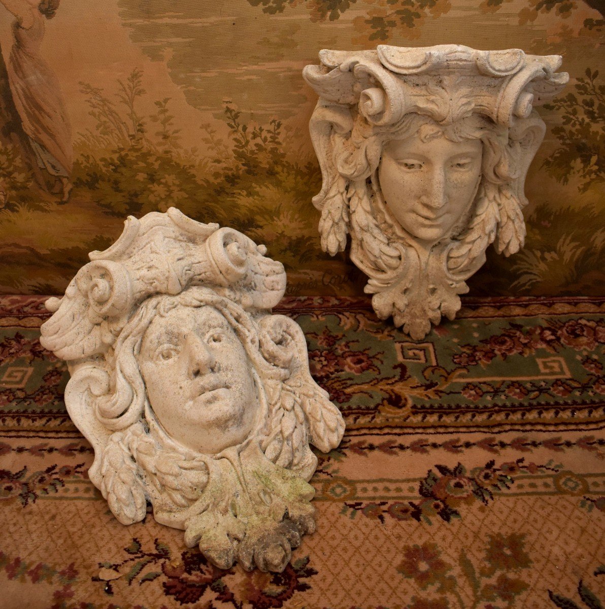 Pair Of Sconces Forming Planters In Reconstituted Stone, Decor With Mascarons, Garden Decoratio-photo-4