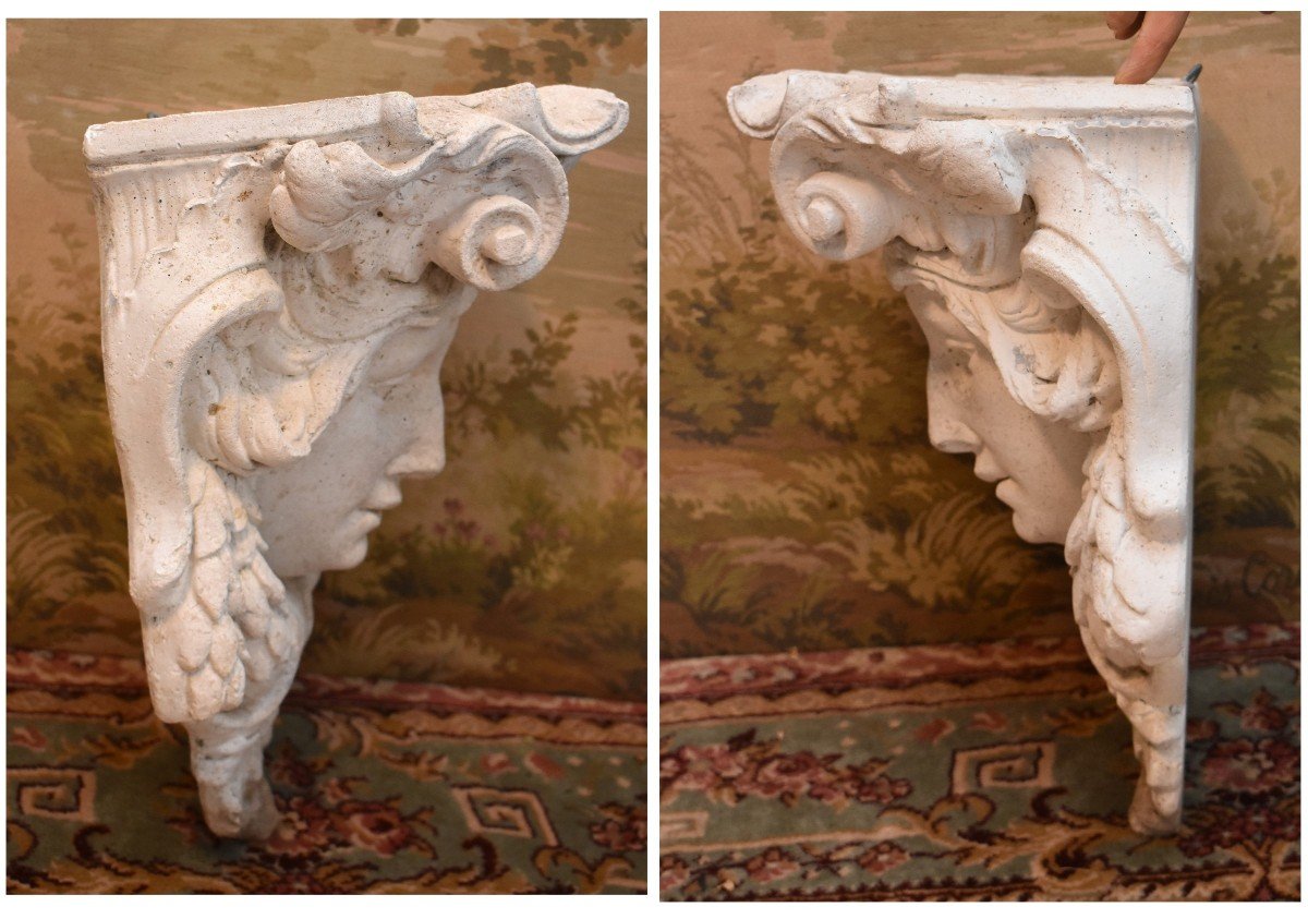 Pair Of Sconces Forming Planters In Reconstituted Stone, Decor With Mascarons, Garden Decoratio-photo-5