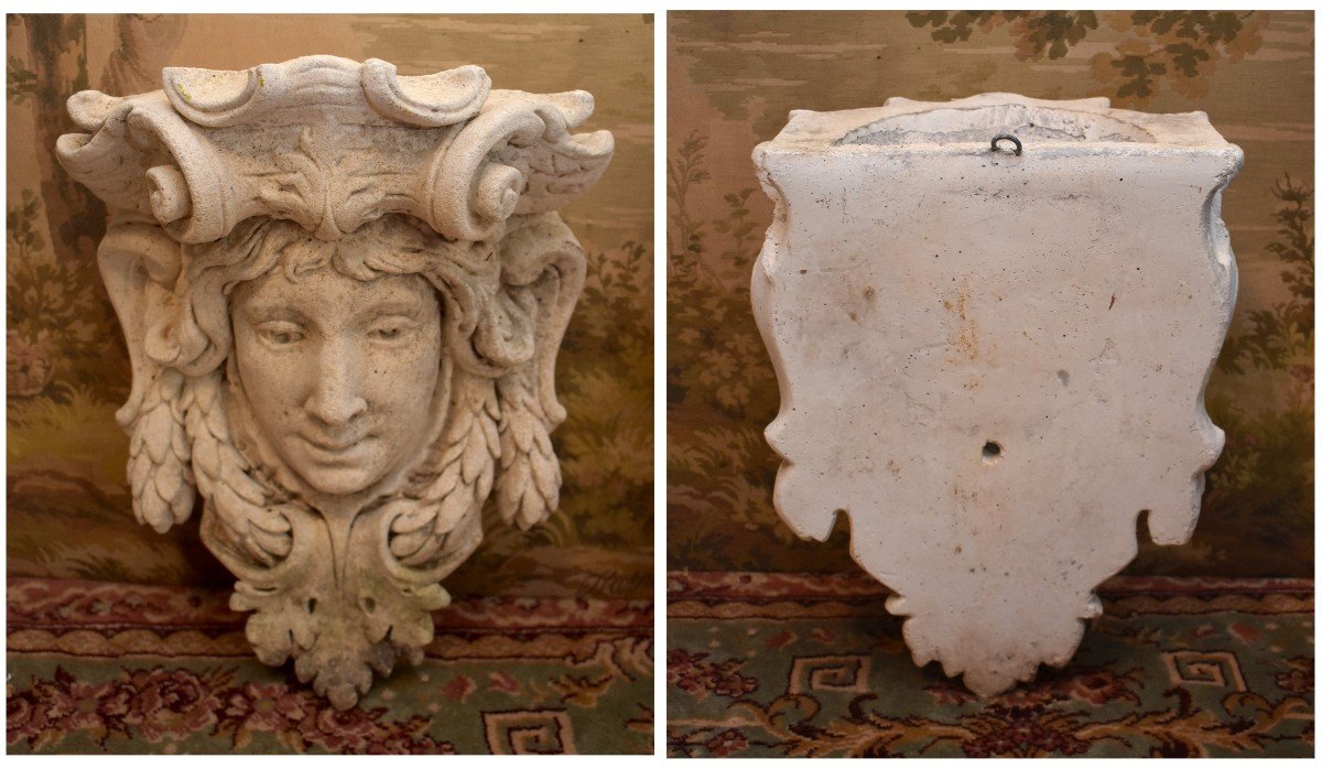 Pair Of Sconces Forming Planters In Reconstituted Stone, Decor With Mascarons, Garden Decoratio-photo-6