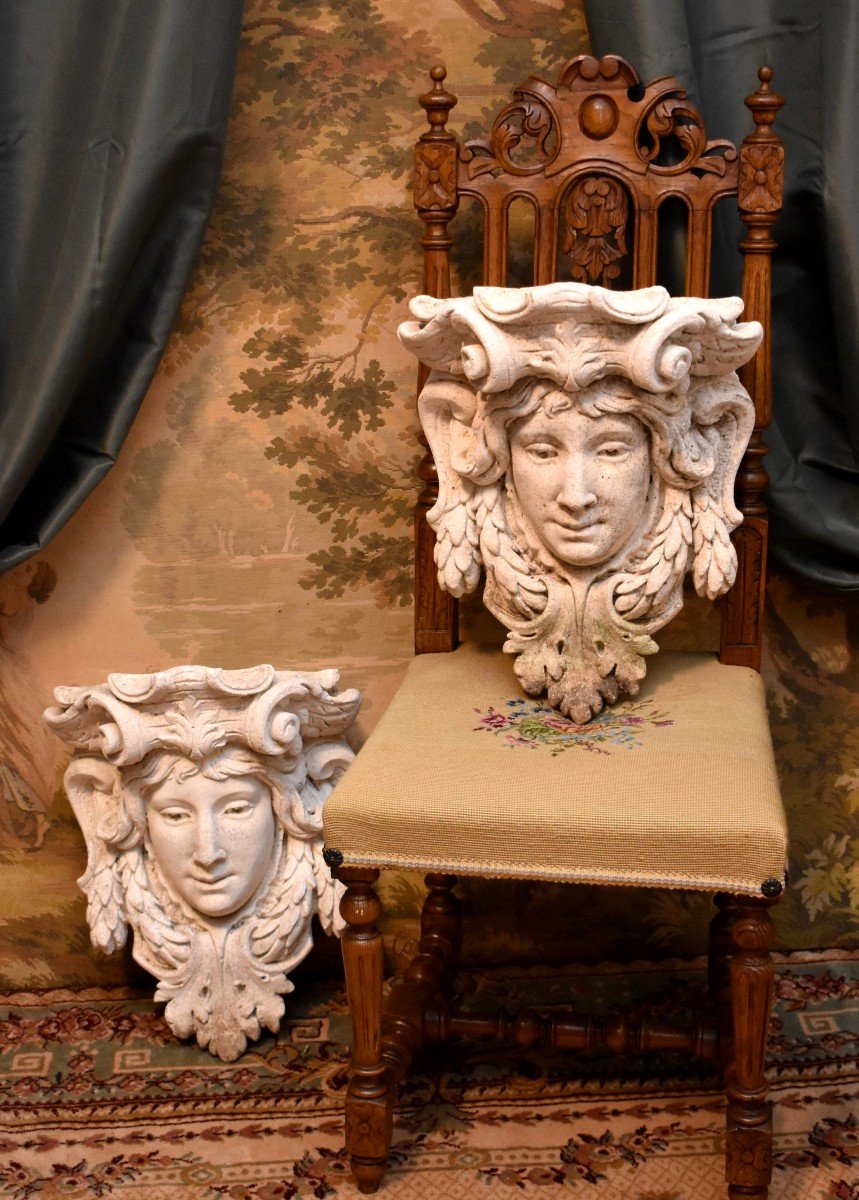 Pair Of Sconces Forming Planters In Reconstituted Stone, Decor With Mascarons, Garden Decoratio-photo-8