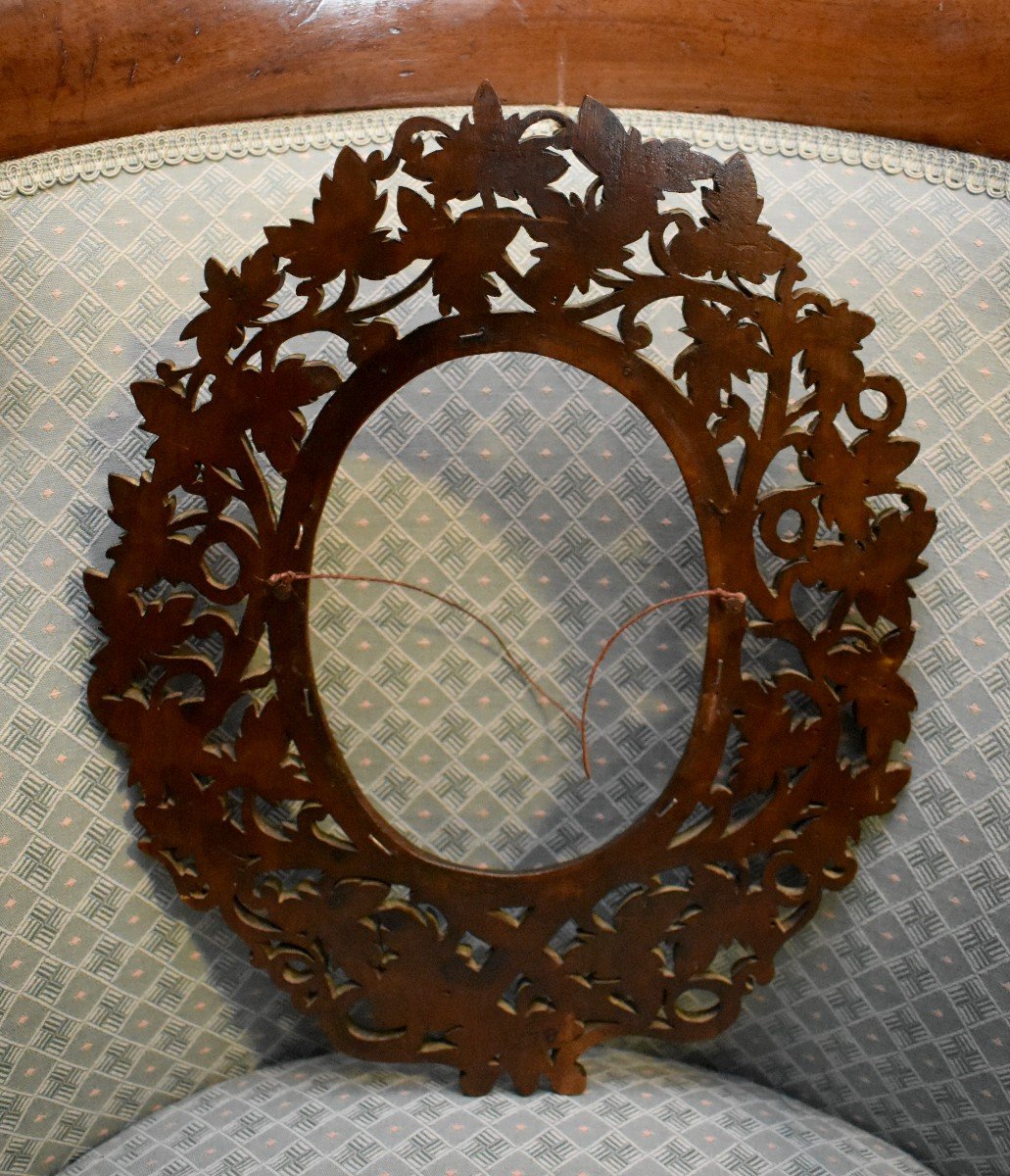 Oval Frame In Carved Wood In The "black Forest" Taste, Plant And Ivy Decor, Circa 1900-photo-4