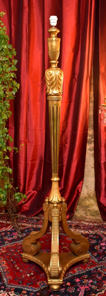 Large Louis XVI Style Golden Wood Floor Lamp, Golden Wood Lighting, Circa 1900-photo-3