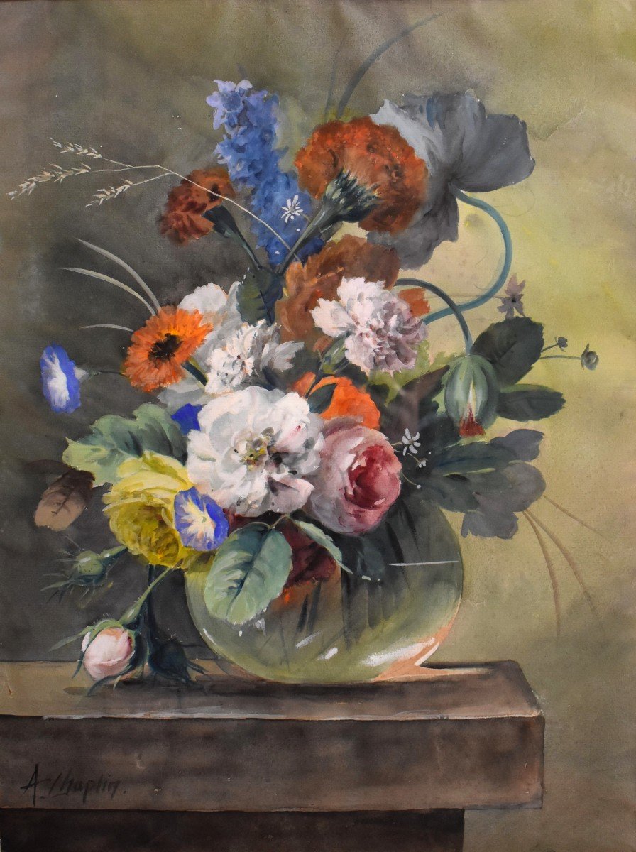 Arthur Chaplin (1869-1935), Bouquet De Fleurs Sur Entablement, Aquarelle Encadr&eacute;e-photo-3