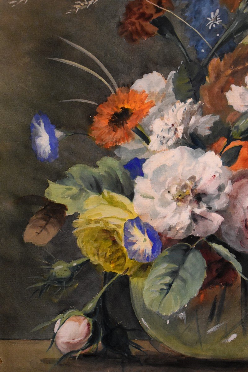 Arthur Chaplin (1869-1935), Bouquet De Fleurs Sur Entablement, Aquarelle Encadr&eacute;e-photo-2