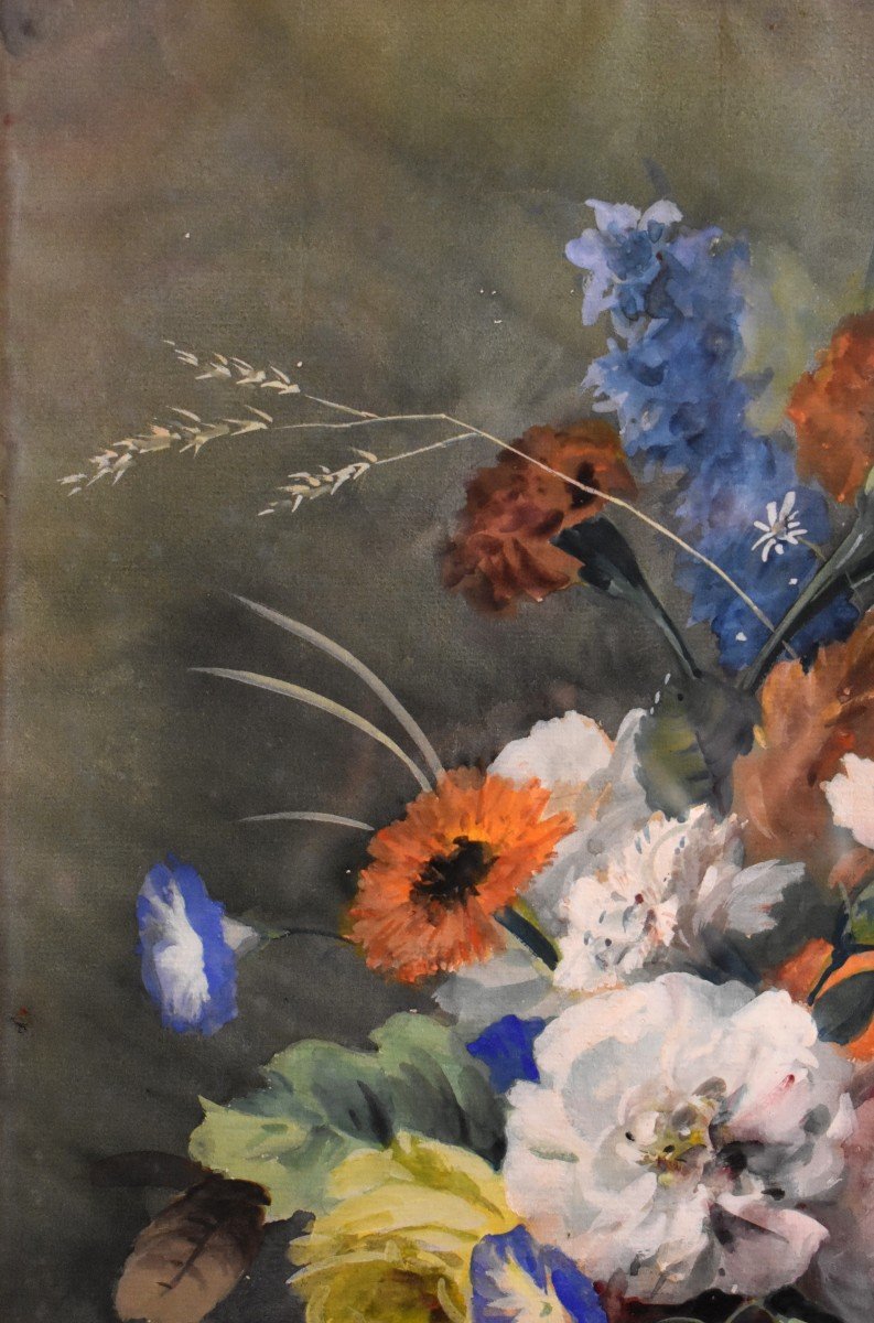 Arthur Chaplin (1869-1935), Bouquet De Fleurs Sur Entablement, Aquarelle Encadr&eacute;e-photo-3